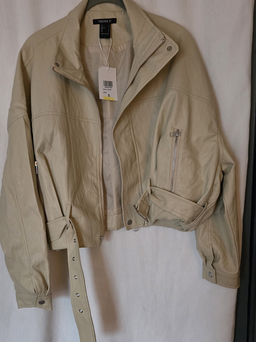 Forever 21 Women's Cream  Faux Leather Moto Jacket